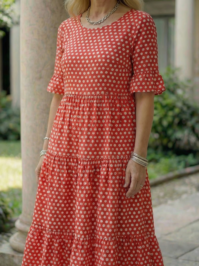 Arlo | Vestito Midi a Pois con Gonna a Strati e Maniche Corte