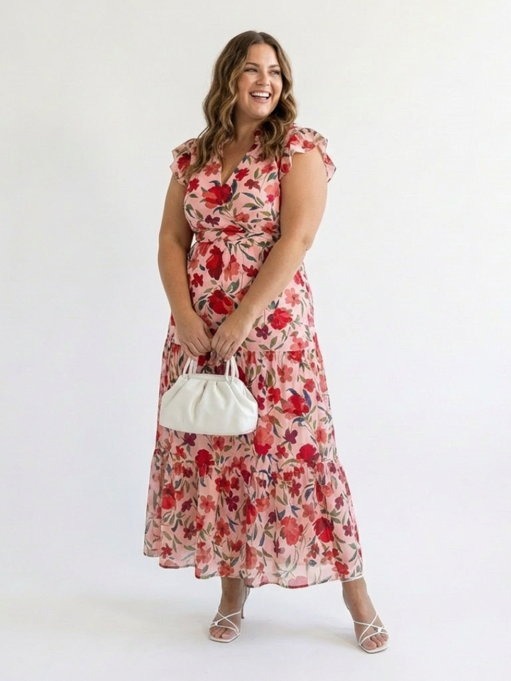 Lila | Abito Midi a Strati con Scollo a V e Stampa Floreale