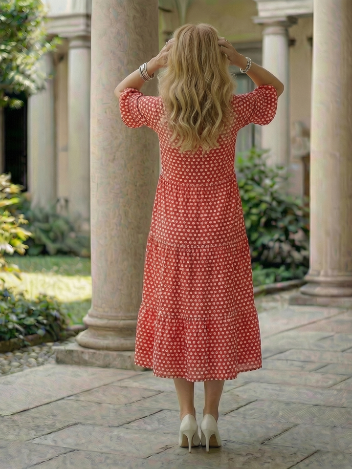 Arlo | Vestito Midi a Pois con Gonna a Strati e Maniche Corte