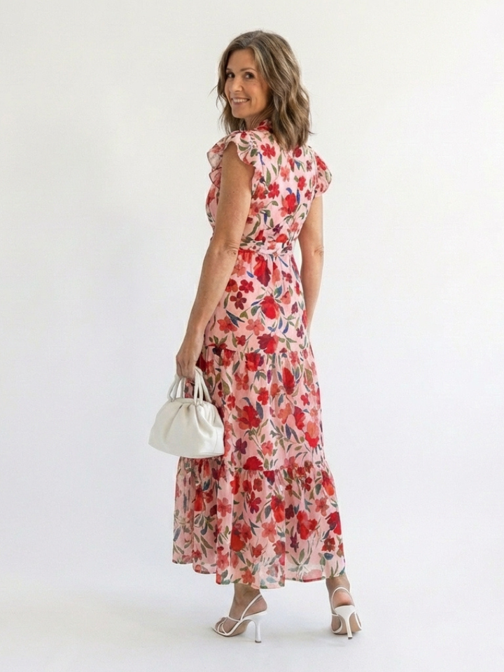 Lila | Abito Midi a Strati con Scollo a V e Stampa Floreale