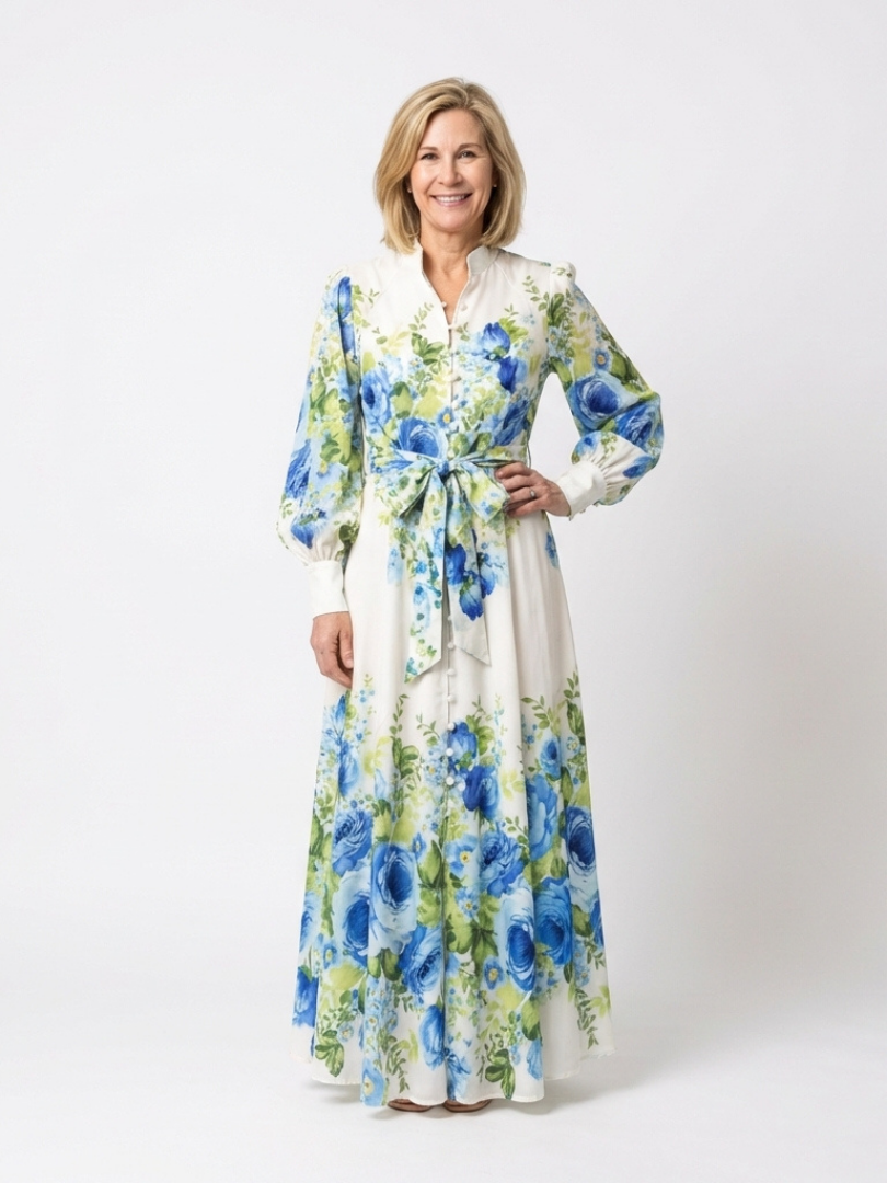Harper | Abito Maxi Floreale con Maniche Lunghe e Bottoni Frontali