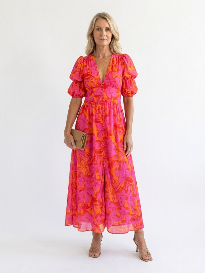 Willow | Abito Midi Floreale con Scollo a V e Maniche a Palloncino