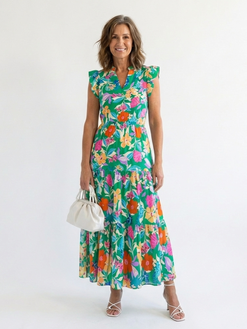 Lila | Abito Midi a Strati con Scollo a V e Stampa Floreale