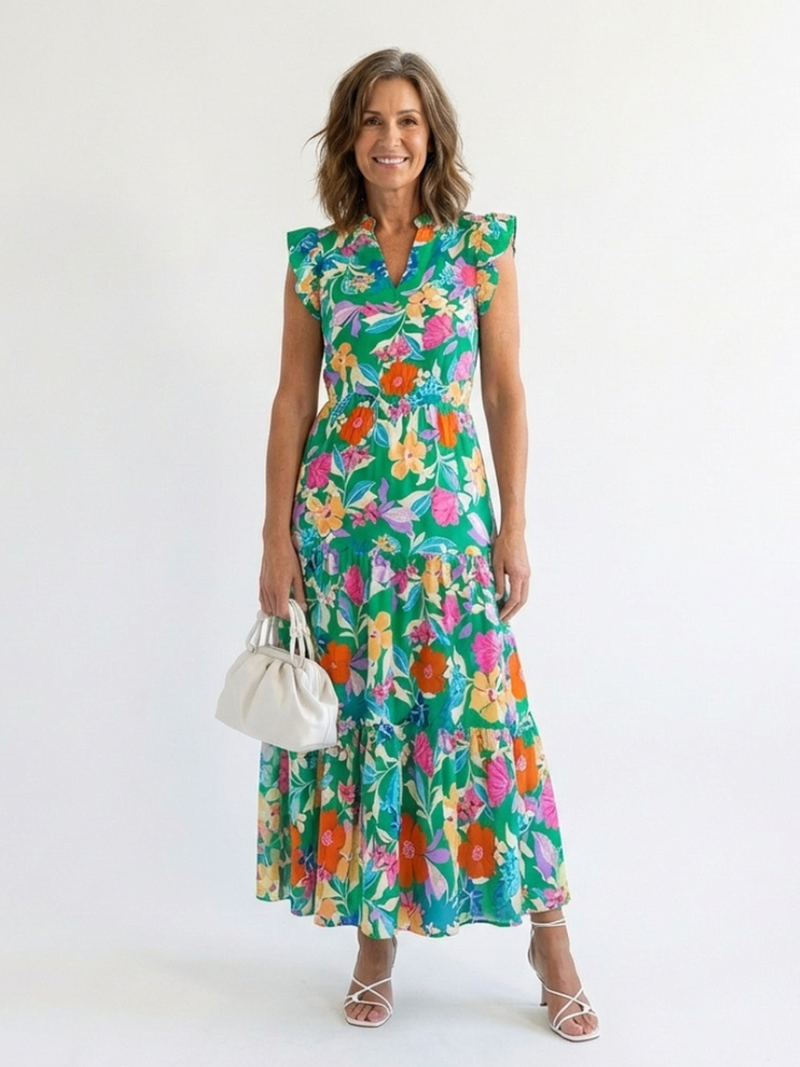 Lila | Abito Midi a Strati con Scollo a V e Stampa Floreale