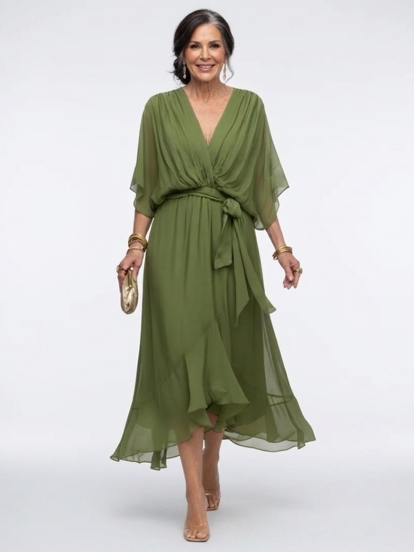 Elysia | Vestito Midi Scollato a V con Corpetto Drappeggiato e Cintura