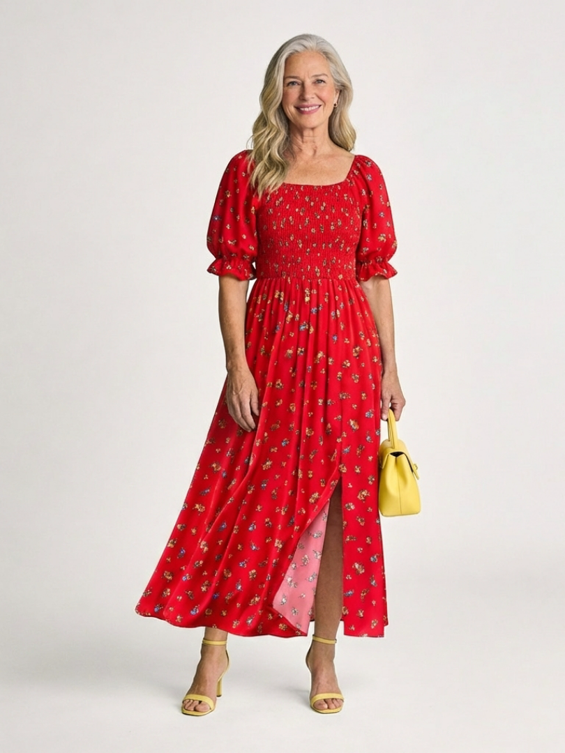 Delphine | Vestito Midi a Fiori con Scollo Quadrato e Maniche a Palloncino