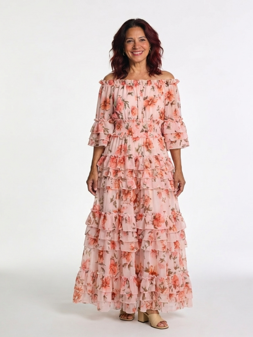 Rosalie | Abito Maxi Floreale a Spalle Scoperte con Volant a Strati