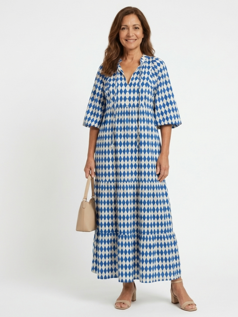 Elodie | Vestito Midi a Strati con Stampa a Rombi