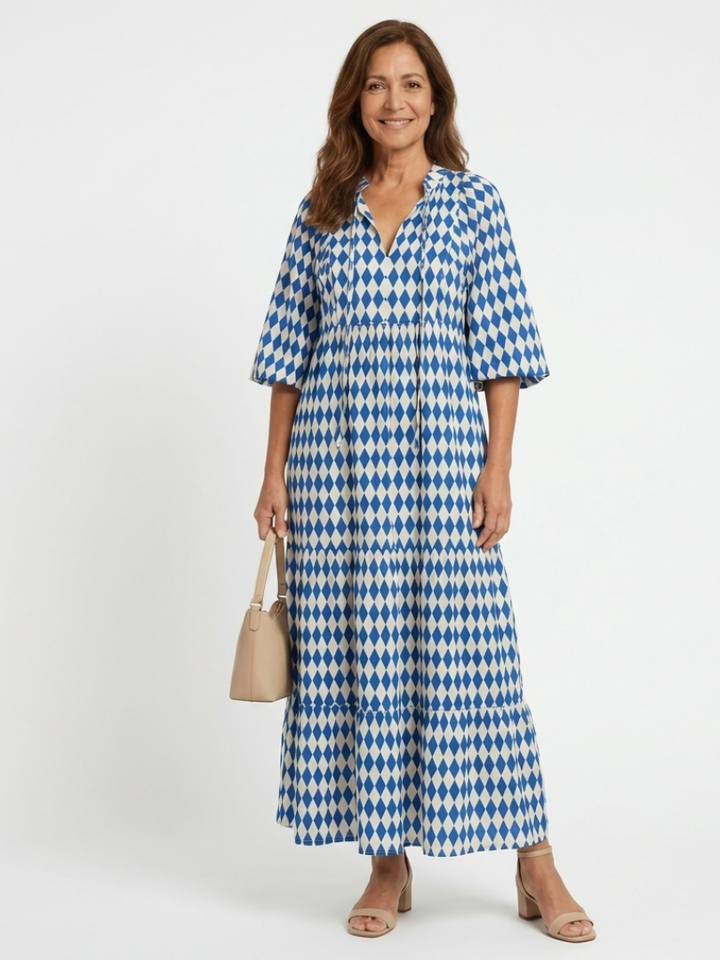 Elodie | Vestito Midi a Strati con Stampa a Rombi
