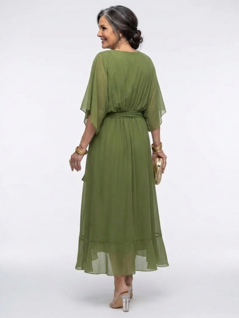 Elysia | Vestito Midi Scollato a V con Corpetto Drappeggiato e Cintura