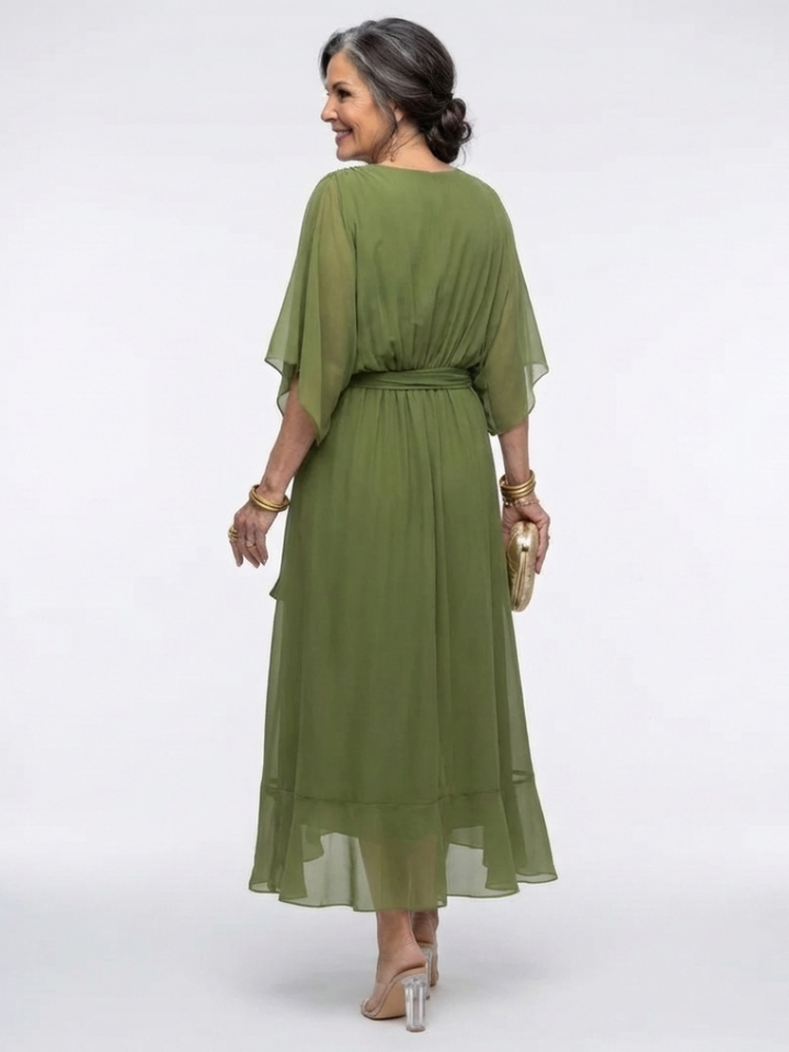 Elysia | Vestito Midi Scollato a V con Corpetto Drappeggiato e Cintura