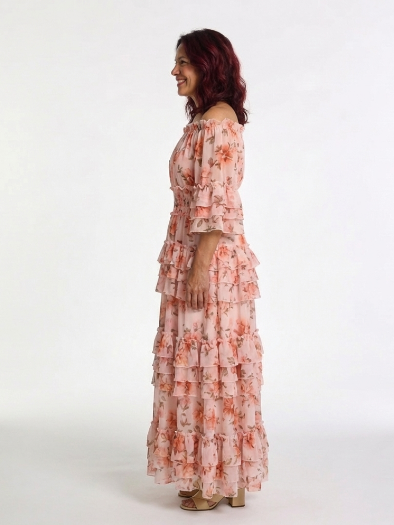 Rosalie | Abito Maxi Floreale a Spalle Scoperte con Volant a Strati