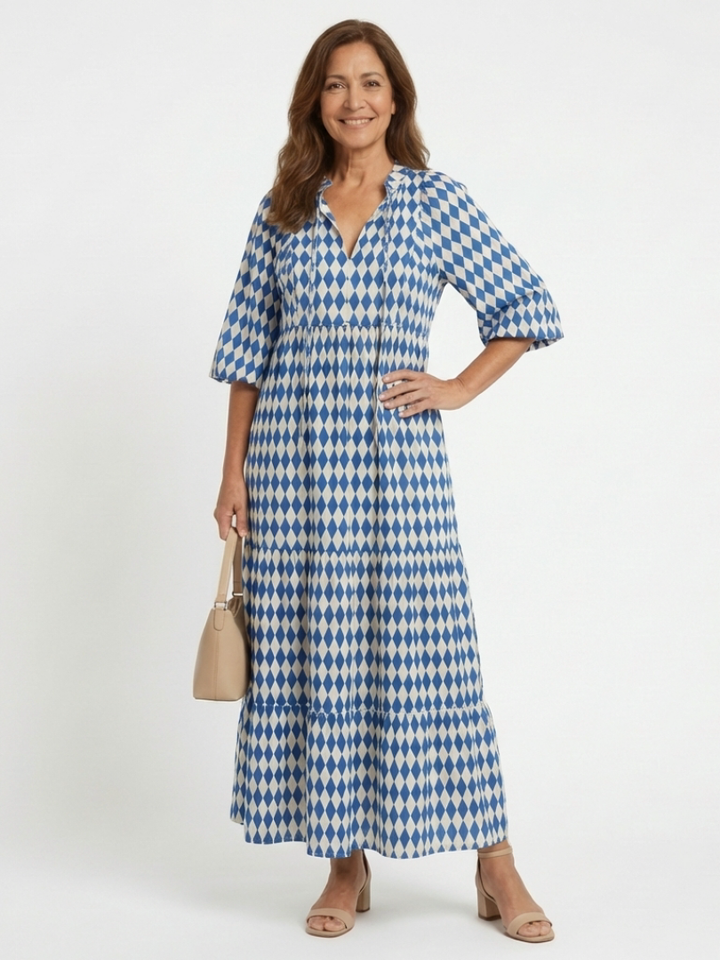Elodie | Vestito Midi a Strati con Stampa a Rombi