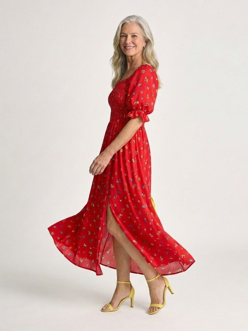 Delphine | Vestito Midi a Fiori con Scollo Quadrato e Maniche a Palloncino