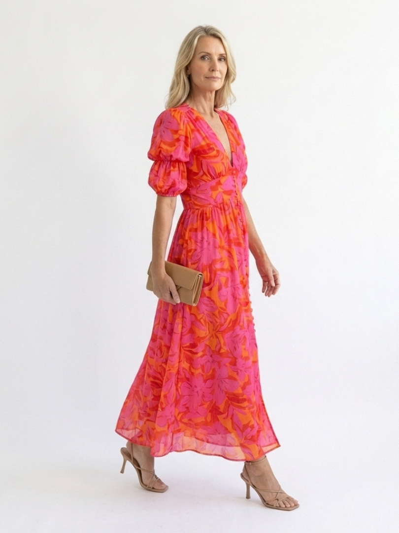 Willow | Abito Midi Floreale con Scollo a V e Maniche a Palloncino