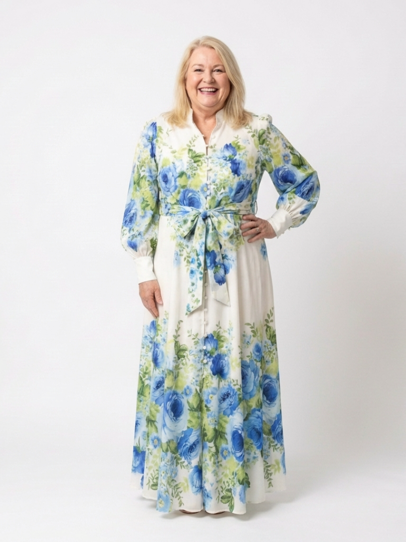 Harper | Abito Maxi Floreale con Maniche Lunghe e Bottoni Frontali