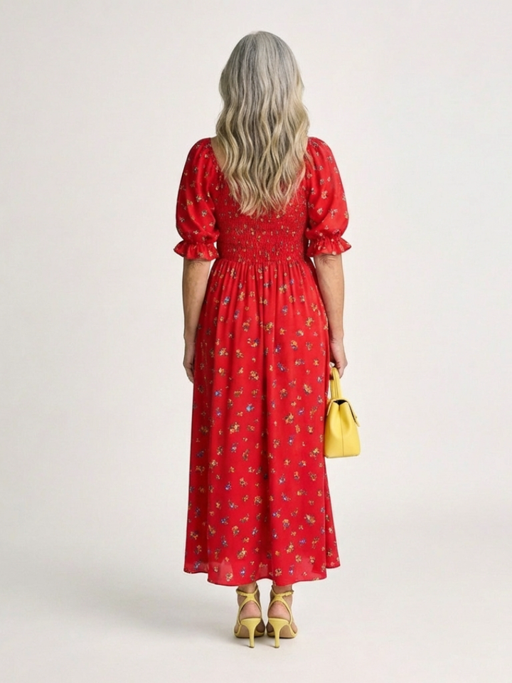 Delphine | Vestito Midi a Fiori con Scollo Quadrato e Maniche a Palloncino