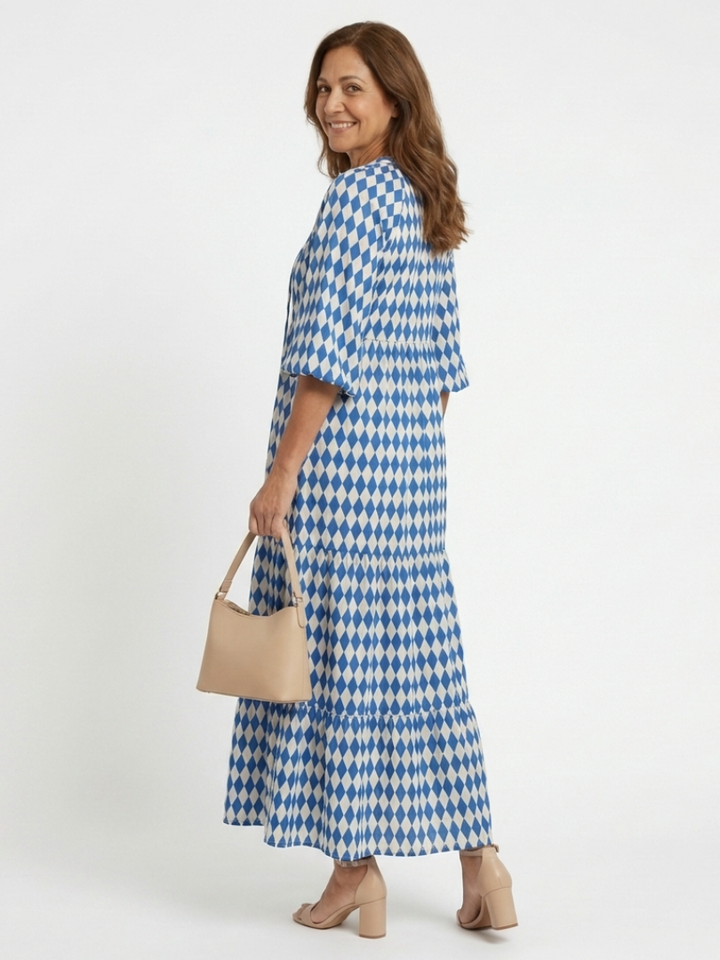 Elodie | Vestito Midi a Strati con Stampa a Rombi