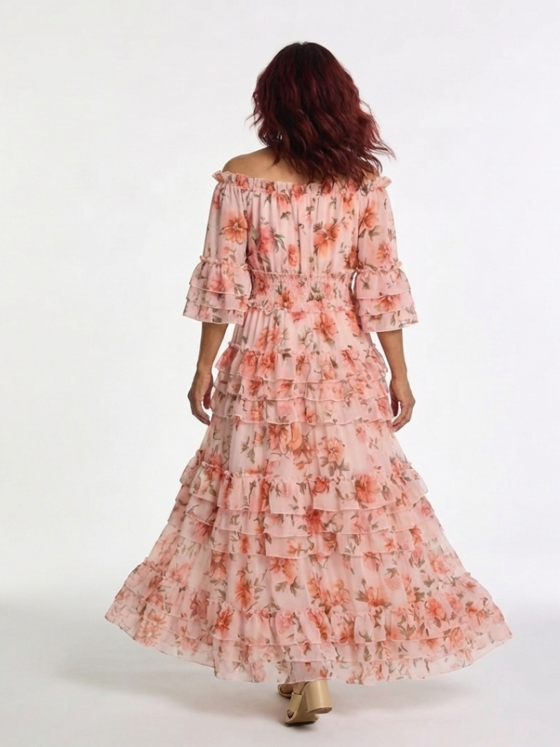 Rosalie | Abito Maxi Floreale a Spalle Scoperte con Volant a Strati