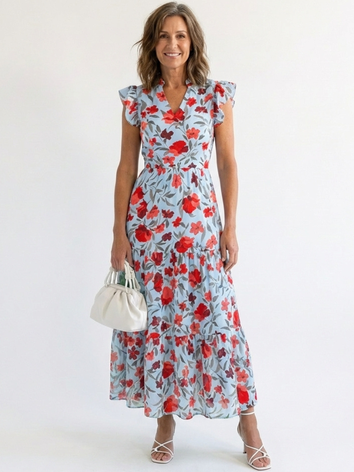 Lila | Abito Midi a Strati con Scollo a V e Stampa Floreale
