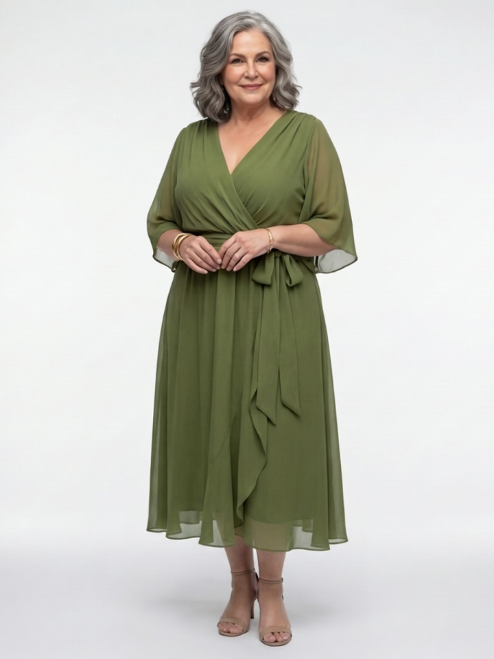 Elysia | Vestito Midi Scollato a V con Corpetto Drappeggiato e Cintura