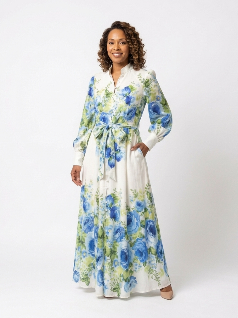 Harper | Abito Maxi Floreale con Maniche Lunghe e Bottoni Frontali