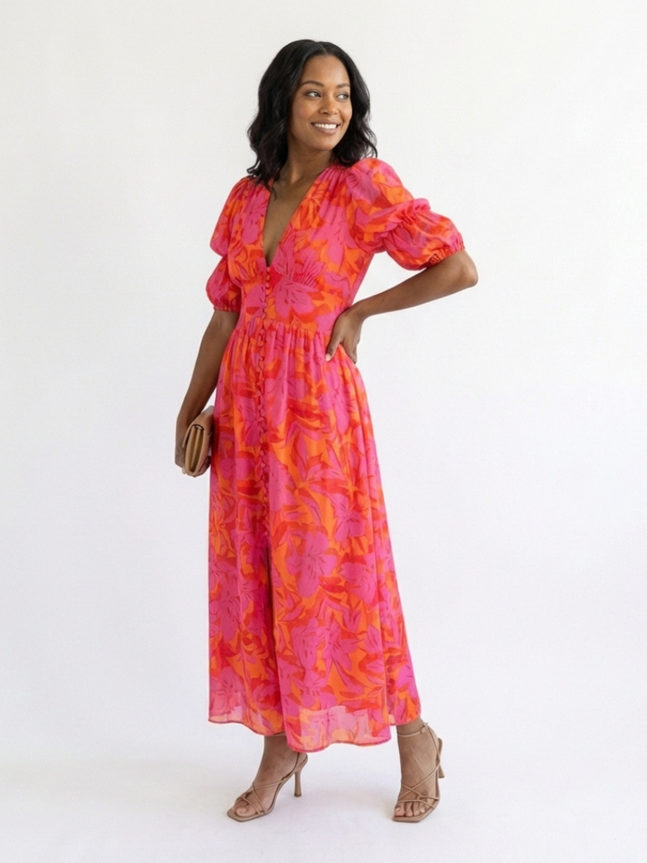 Willow | Abito Midi Floreale con Scollo a V e Maniche a Palloncino