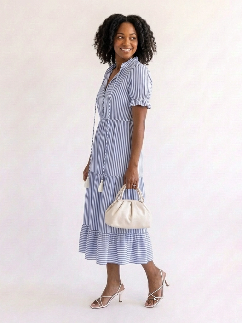 Dakota | Vestito Midi a Strati a Maniche Corte a Righe