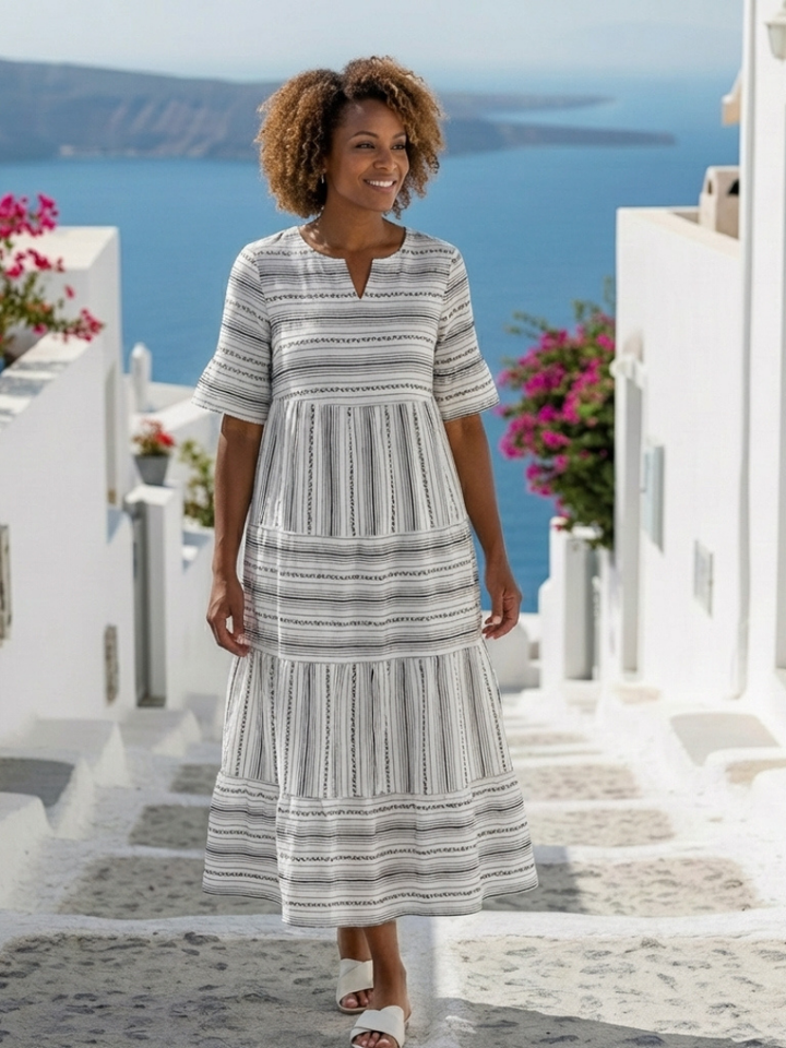 Parisa | Vestito Midi a Manica Corta a Righe e Balze