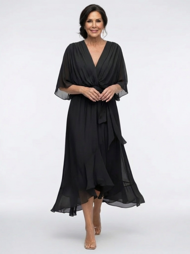 Elysia | Vestito Midi Scollato a V con Corpetto Drappeggiato e Cintura