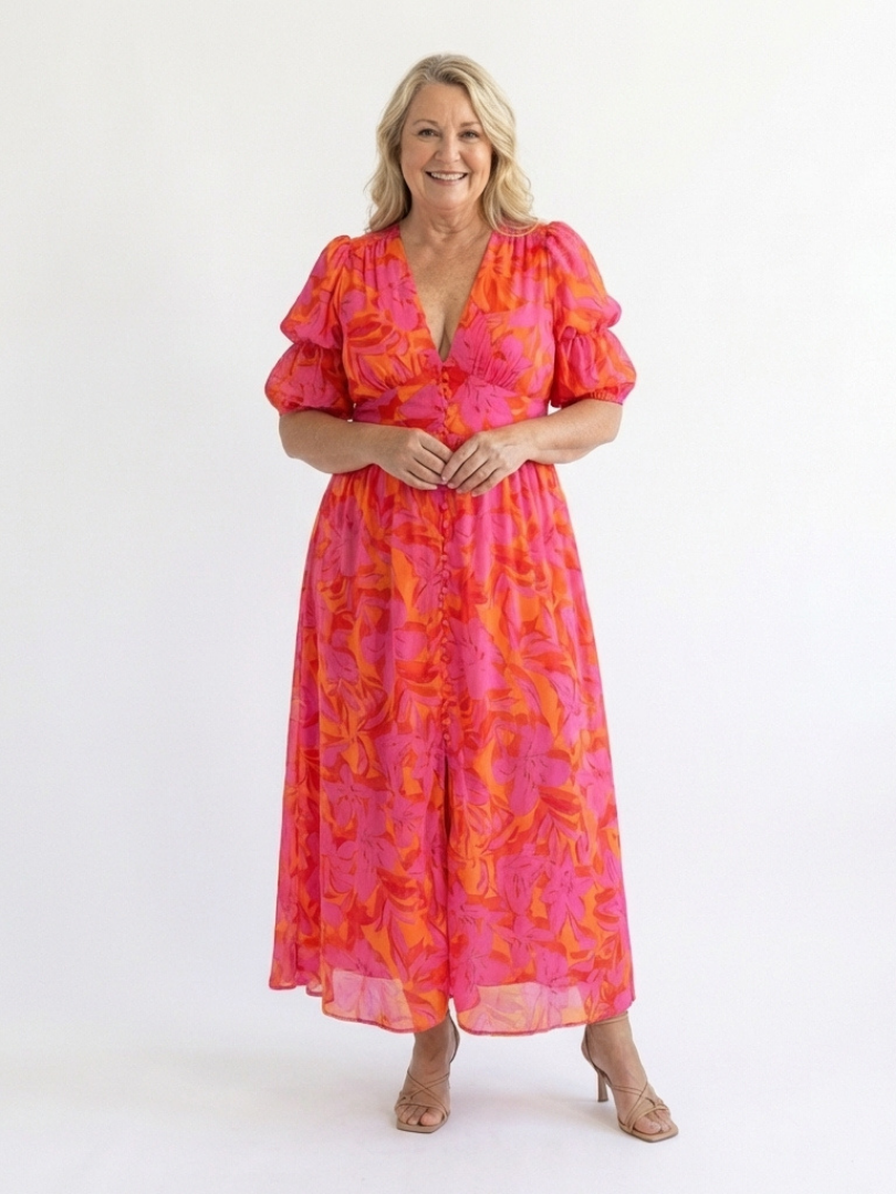 Willow | Abito Midi Floreale con Scollo a V e Maniche a Palloncino