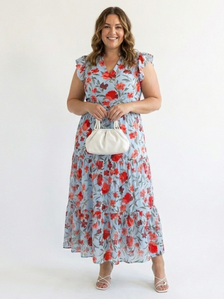 Lila | Abito Midi a Strati con Scollo a V e Stampa Floreale