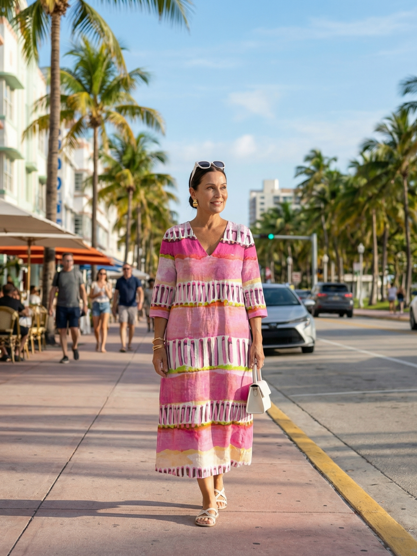 Calla | Abito Midi a Righe con Fantasia e Taglio Fluido