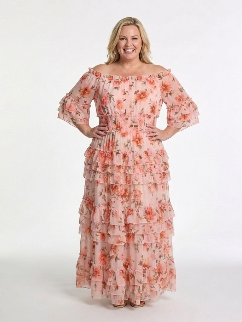 Rosalie | Abito Maxi Floreale a Spalle Scoperte con Volant a Strati
