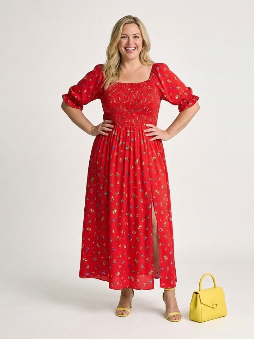 Delphine | Vestito Midi a Fiori con Scollo Quadrato e Maniche a Palloncino