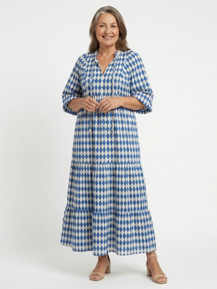 Elodie | Vestito Midi a Strati con Stampa a Rombi