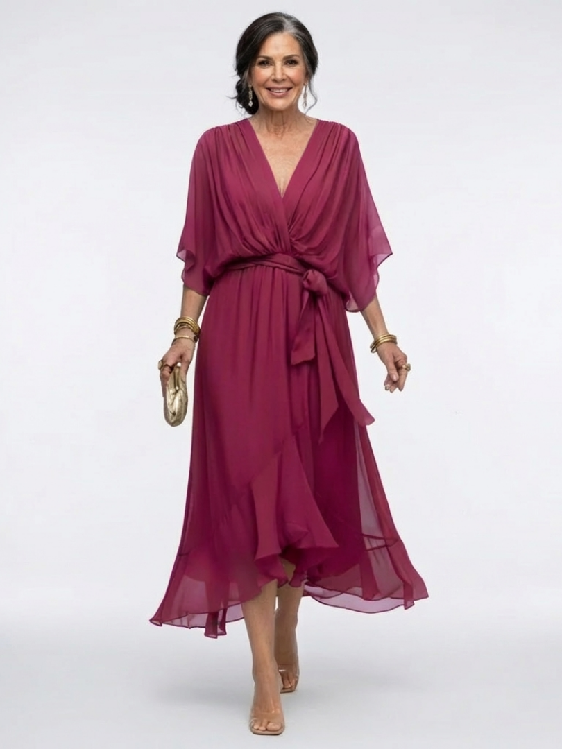 Elysia | Vestito Midi Scollato a V con Corpetto Drappeggiato e Cintura
