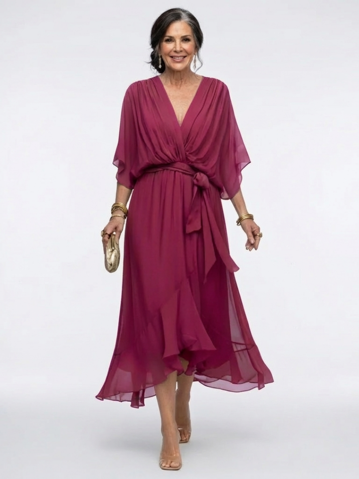 Elysia | Vestito Midi Scollato a V con Corpetto Drappeggiato e Cintura