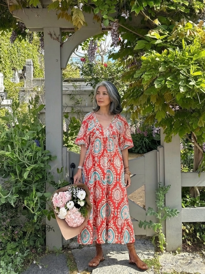 Zaria | Vestito Midi a Maniche Corte con Scollo a V e Stampa Paisley