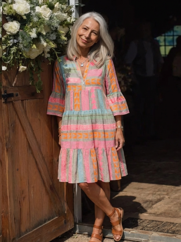 Maelle | Abito a Girocollo a V con Stampa Geometrica a Strati fino al Ginocchio