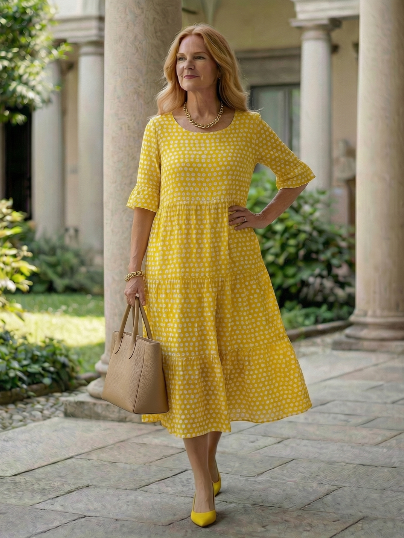 Arlo | Vestito Midi a Pois con Gonna a Strati e Maniche Corte