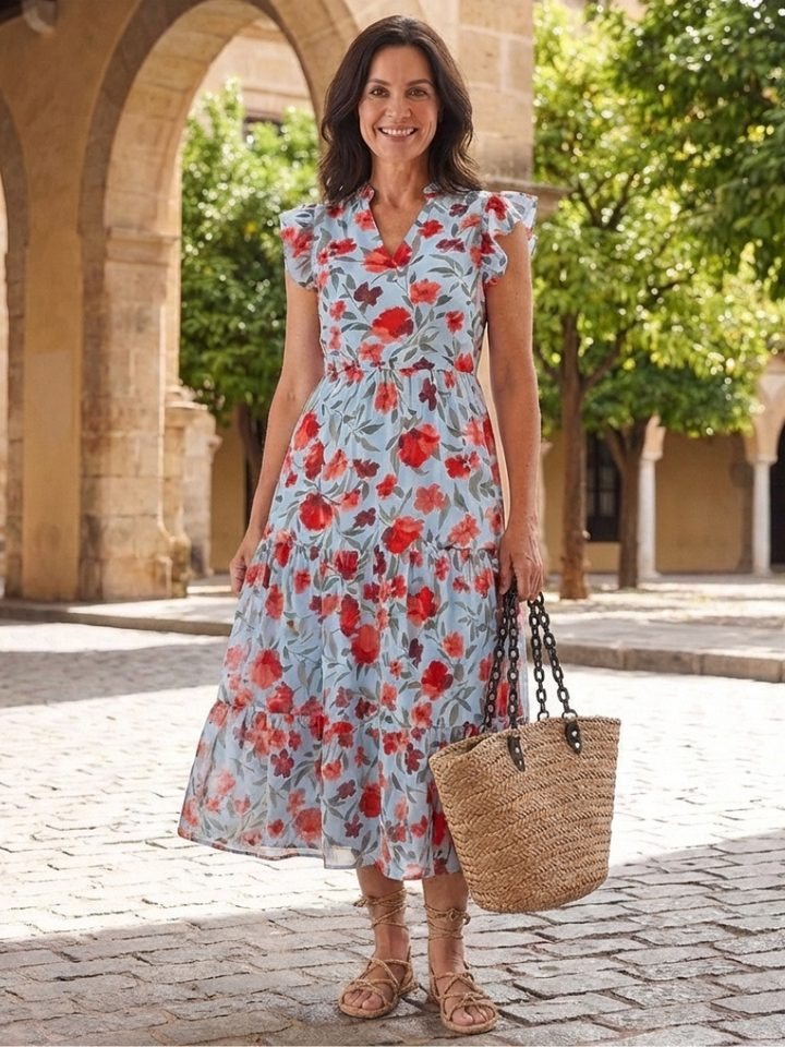 Lila | Abito Midi a Strati con Scollo a V e Stampa Floreale