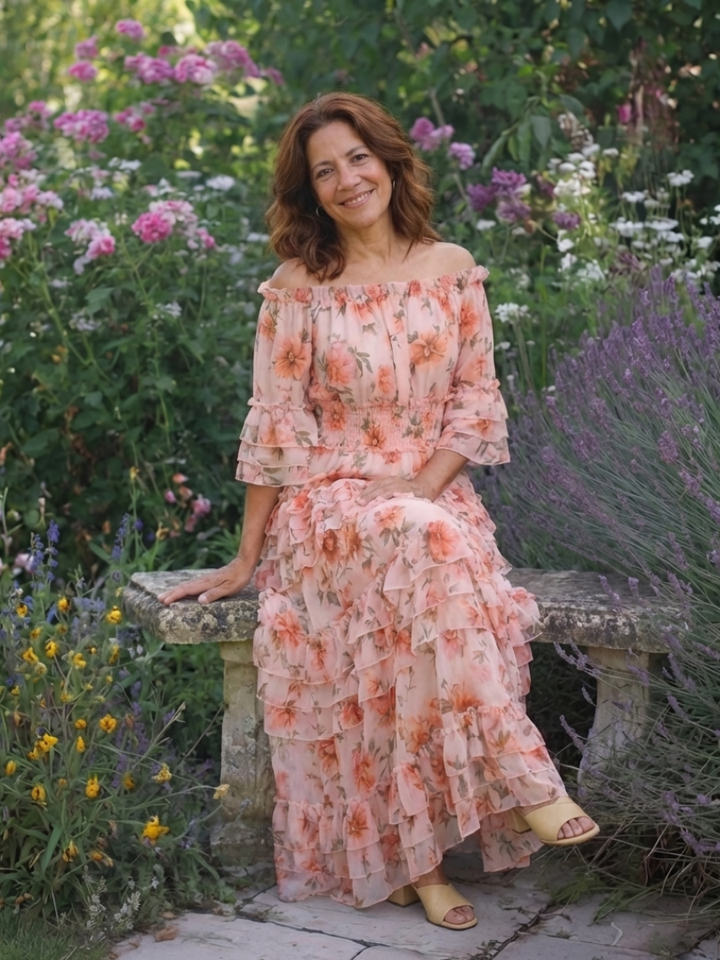 Rosalie | Abito Maxi Floreale a Spalle Scoperte con Volant a Strati