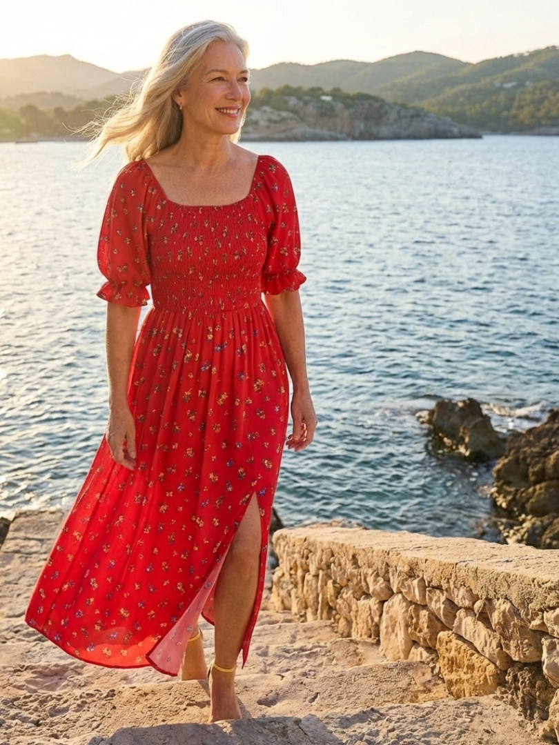 Delphine | Vestito Midi a Fiori con Scollo Quadrato e Maniche a Palloncino