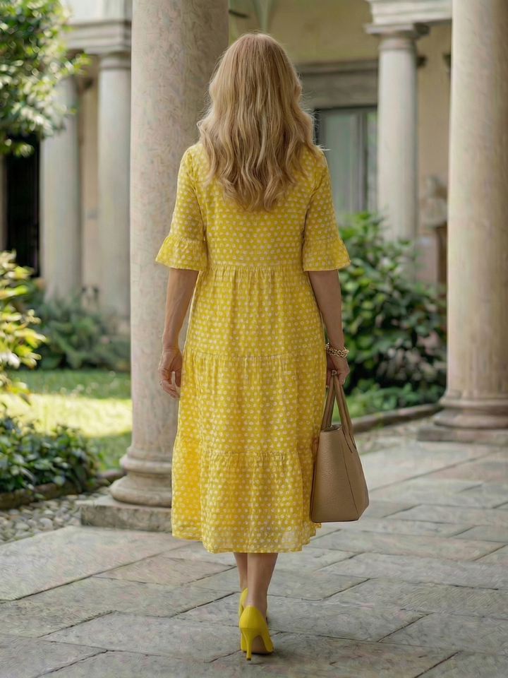 Arlo | Vestito Midi a Pois con Gonna a Strati e Maniche Corte
