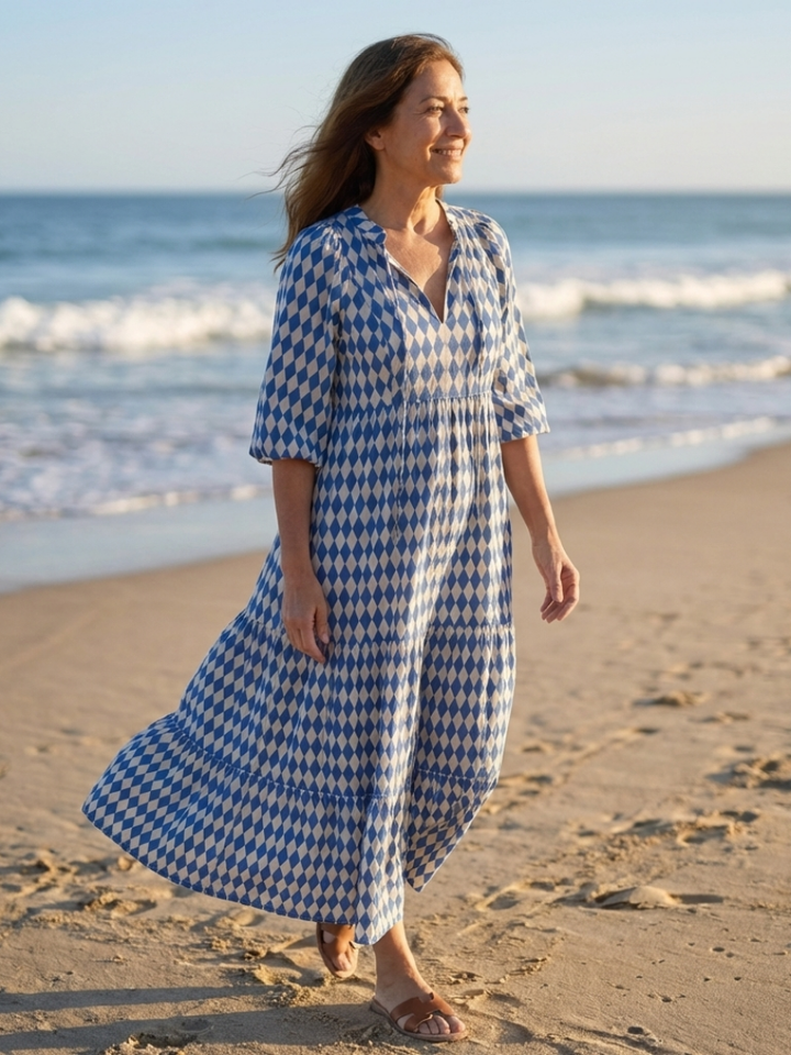 Elodie | Vestito Midi a Strati con Stampa a Rombi
