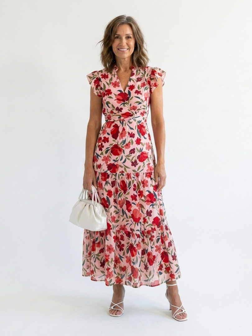 Lila | Abito Midi a Strati con Scollo a V e Stampa Floreale