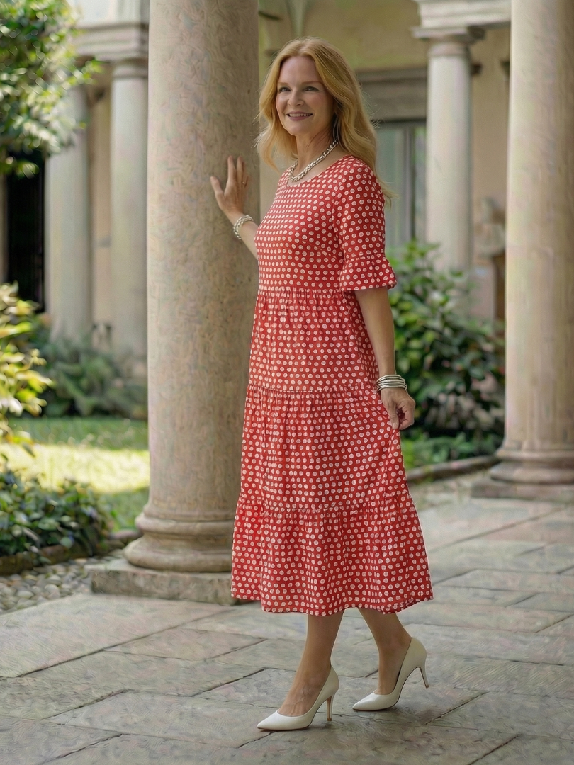 Arlo | Vestito Midi a Pois con Gonna a Strati e Maniche Corte