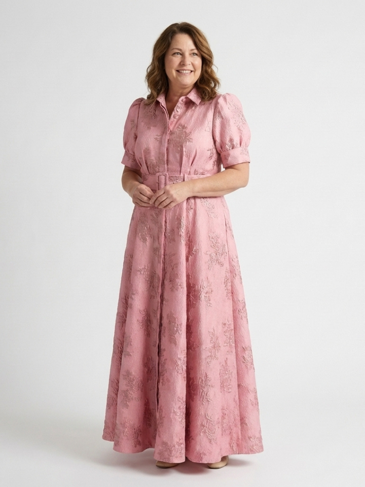 Xanthea | Abito Camicia Maxi Floreale con Texture e Cintura a Manica Corta