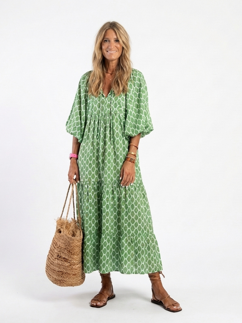 Apolline | Vestito Midi con Scollo a V, Maniche Tre Quarti e Fantasia
